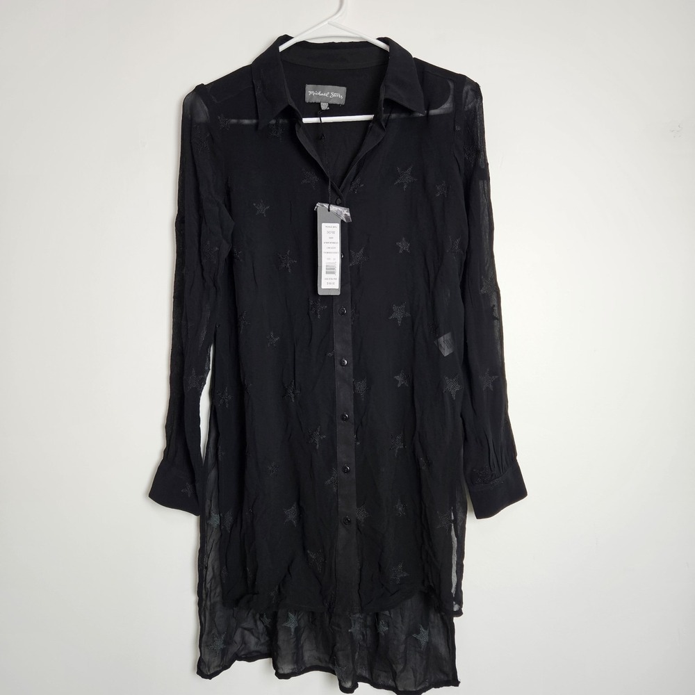 Michael Stars Blouse‎ Sz XS Georgette Long Sleeve Side Split Tunic Embroidered